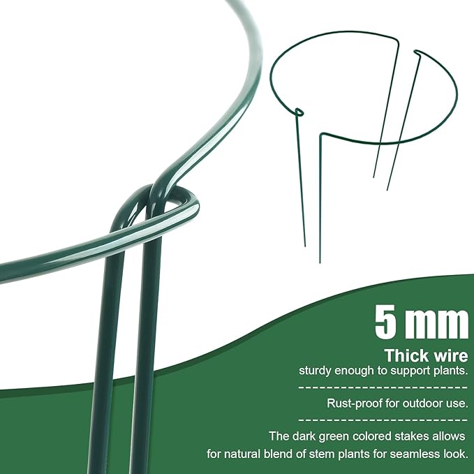 FEED GARDEN 8 Pack Plant Support Stakes, Peony Cages and Supports, Metal Garden Plant Stake(10" Wide x 16" High) Green Half Round Plant Support Rings for Outdoor Indoor Plants, Tomato, Hydrangea FEEDGARDEN