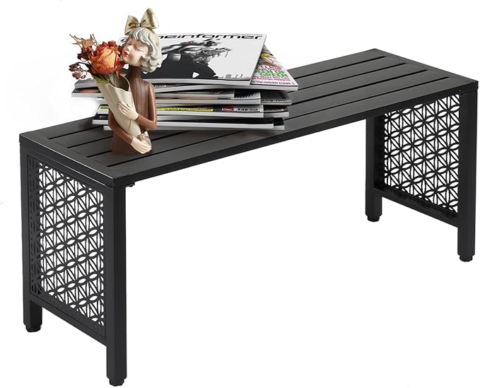 VINGLI 40in Outdoor Metal Bench, All-Weathe Backless Patio Bench with Slatted Seat＆Floral Side Panels, Rust-Resistant Garden Bench, Weatherproof Outdoor Seating for Porch Entryway Backyard (Black) VINGLI