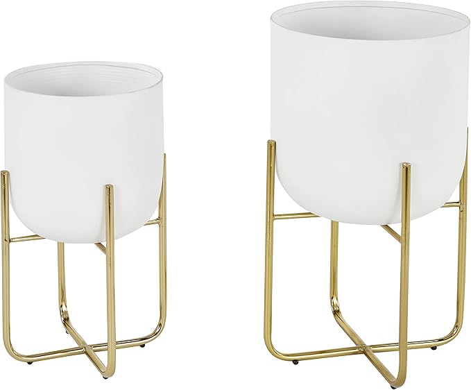 Deco 79 Metal Indoor Outdoor Planter Large Planter Pot with Removable Gold Stand, Set of 2 Planters 16", 13"H, White Deco79