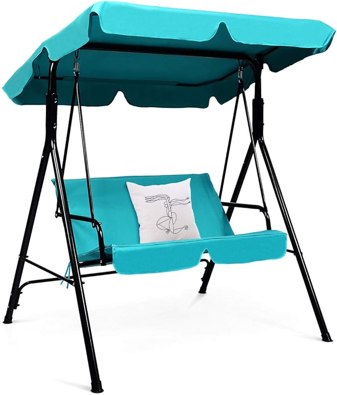 Tangkula 2 Person Porch Swing, Outdoor Swing with Removable Cushions, Solid Steel Structure, Patio Swing with Adjustable Canopy for Porch, Backyard, Garden, Balcony Turquoise TANGKULA