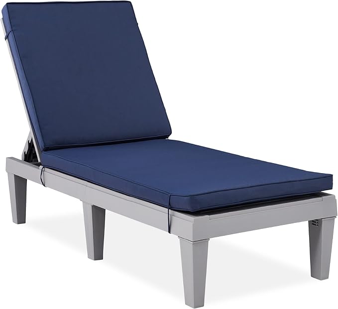 Best Choice Products Outdoor Lounge Chair, Resin Patio Chaise Lounger for Poolside, Backyard, Porch w/Seat Cushion, Adjustable Backrest, 5 Positions, 330lb Capacity - Gray/Navy BestChoiceProducts