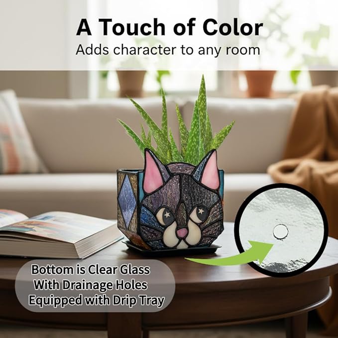 Star Black Cat Decorative Flower Pot, Handcrafted Ceramic Planter with Star Eyes, Modern Home Garden Decor Entlityful