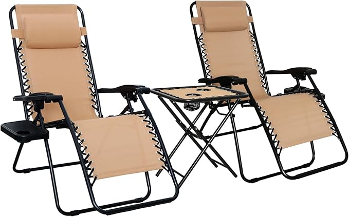 Amazon Basics Outdoor Textilene Adjustable Zero Gravity Folding Reclining Lounge Chair Set with Cup Holder, Side Table, Headrest, Weather-Resistant, 35 x 26 x 43 inches, Beige, 2-Pack AmazonBasics