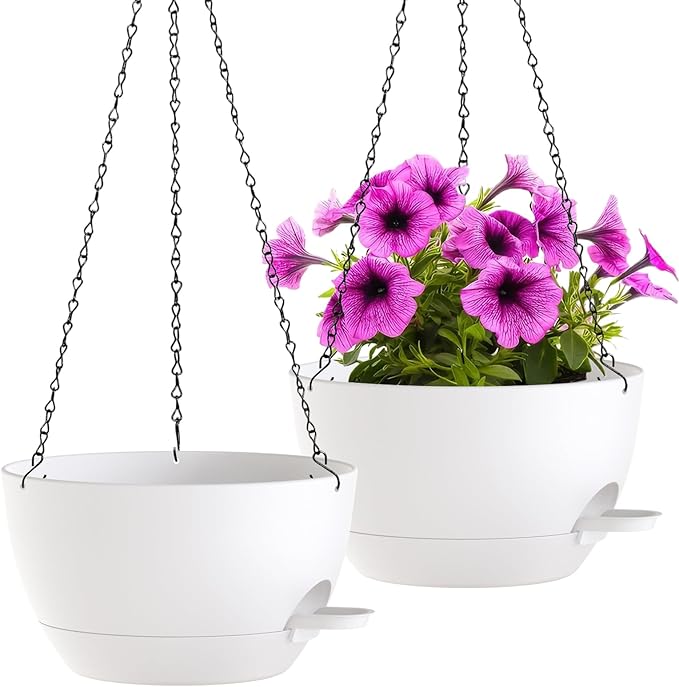 WOUSIWER Self Watering Hanging Planters, 2 Pack 12'' Plastic Pots with Drainage Holes & Reservoir Tray (White) | Indoor & Outdoor Use for Ferns, Ivy, Herbs, Succulents WOUSIWER