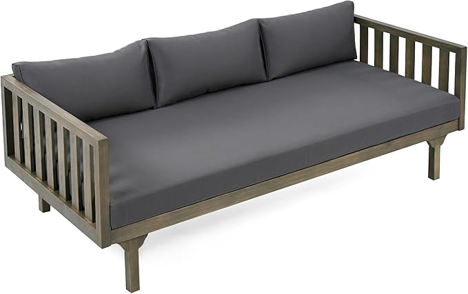 Merax Outdoor 3 Seater Daybed, Acacia Wood Day Bed Couch Sofa with Cushions for Patio Backyard, Garden, Dark Grey Merax