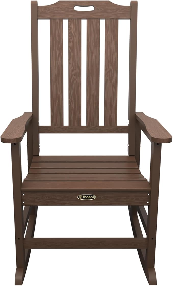 Oversized Rocking Chair, Outdoor Rocking Chair for Adults, All Weather Resistant Porch Rocker for Lawn Garden, Brown THOEOE
