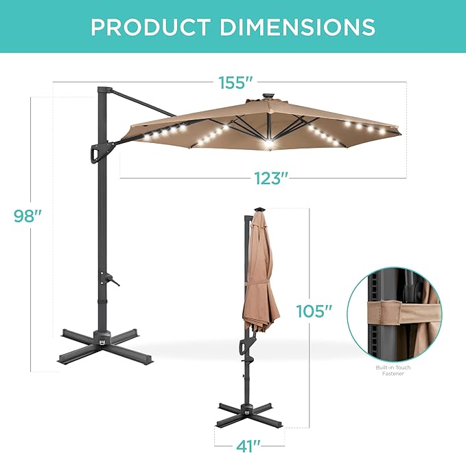 Best Choice Products 10ft Solar LED Cantilever Patio Umbrella, 360-Degree Rotation Hanging Offset Market Outdoor Sun Shade for Backyard, Deck, Poolside w/Lights, Easy Tilt, Cross Base BestChoiceProducts
