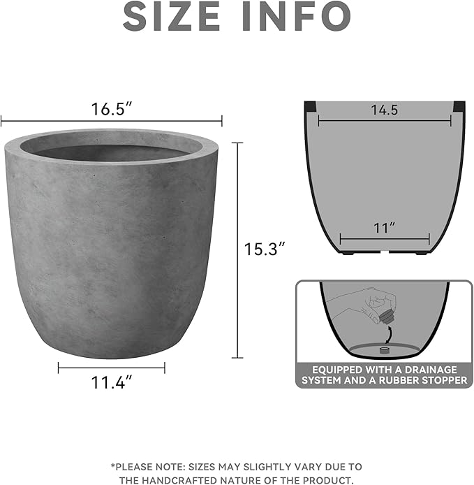 Kante 16.5" Dia Round Concrete Planter, Large Outdoor Modern Indoor Decorative Plant Pots with Drainage Hole and Rubber Plug for Home and Garden, Natural Concrete Kante
