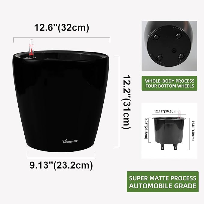 Dexceder 13x12 Self Watering Planter with Wheels Indoor Outdoor, Inner Pot Design, Thickened Large Floor Standing Flower Plant Pot with Water Level Indicator (Black Matte) Dexceder