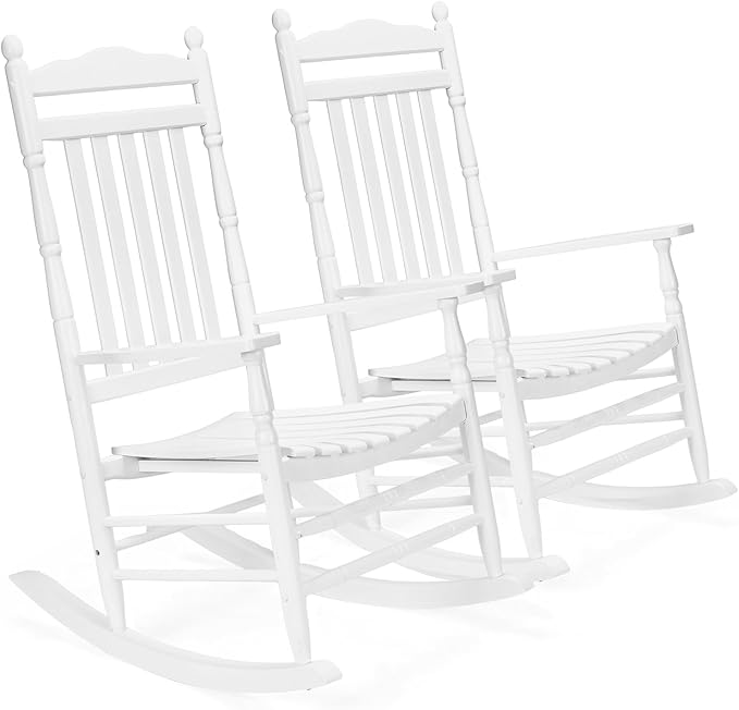 VINGLI Wooden Rocking Chair, Outdoor Chair with 450 lbs Support, Relaxing Rocker with Solid Wood High Back Seat Reclining Seat for Deck, Garden, Backyard, Porch, Indoor or Outdoor Use (White, 2PCS) VINGLI