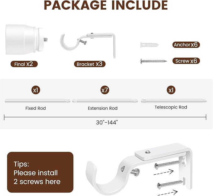 1” Diameter Curtain Rods Itself is 30 to 144 inch 1 Pack Fit 30-142 inch, 66 to 120 inch Window with Heavy Duty Adjustable Rod Matte White Splicing Metal Extra Long Curtain Rod for Windows Rootora