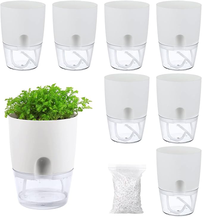 8 Pack Self Watering Pots for Indoor Plants, PlanterHoma 3.2 Inch Plant Pot Plastic Self Watering Planter for Orchid, African Violet, Mini Clear Flower Pots with Drainage Holes and Wicking Rope, White Planterhoma