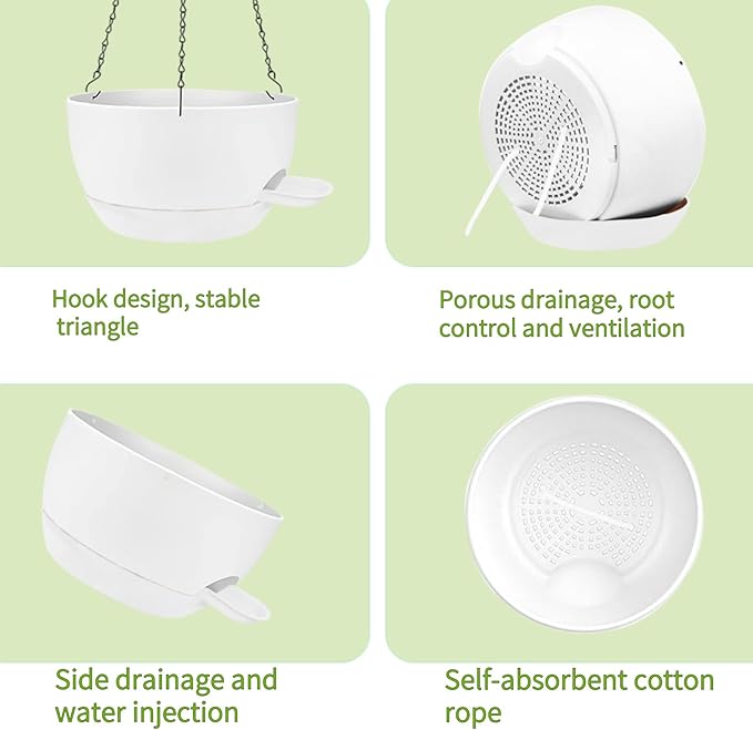 2 Pack Hanging Planters for Indoor Outdoor Plants, 12Inch Self Watering Hanging Pot with Drainage Holes and Saucer, Plastic Plant Pots, White Flower Pots for Kitchen, Balcony, Garden Rootora