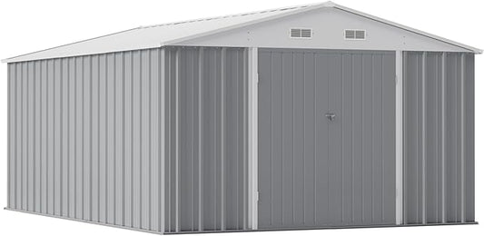 Greesum 10×14 FT Outdoor Storage Shed, Metal Storaged Sheds Without Floor, Tool Sheds with Lockable Doors and Sloping Roof for Garden, Patio, Gray BuynowfromGreesum