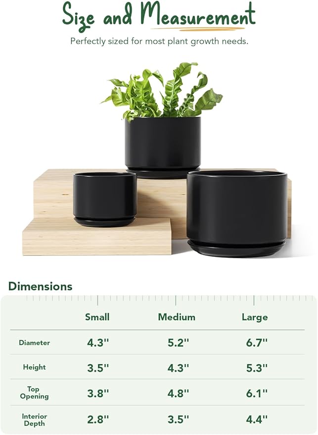 LE TAUCI Ceramic Plant Pots, 4.3+5.3+6.8 inch, Set of 3, Planters with Drainage Hole and Saucer, Indoor Flower Pot with Hole Mesh Pad, Gifts for Mom, Black LETAUCI