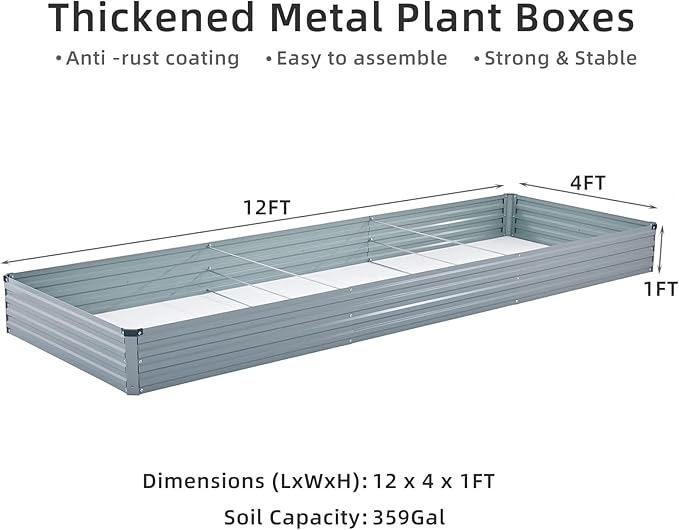 2 Pack 12x4x1FT Galvanized Raised Garden Beds Kit Outdoor Metal Gardening Planter Box for Vegetable Elevated Flower Herbs,Gray Meberam