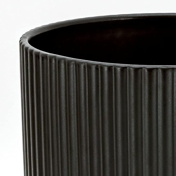 Amazon Basics Fluted Ceramic Round Planter with Drainage Hole, Indoor Outdoor Flower Pot, 8-inch, Black AmazonBasics