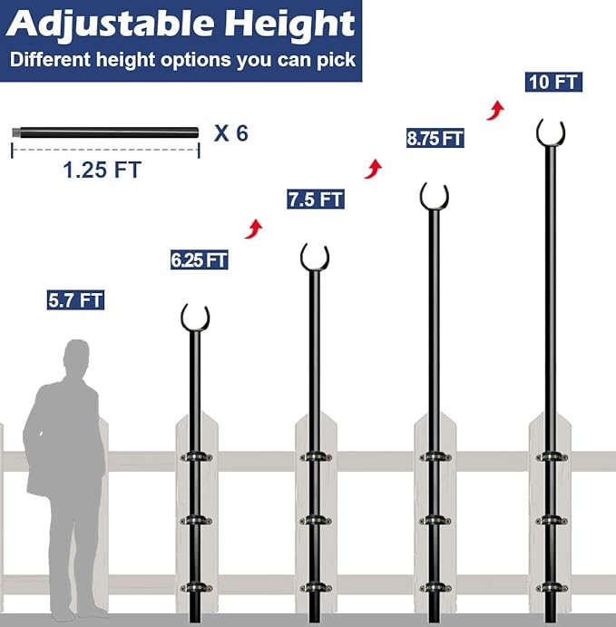 10FT String Light Pole for Outdoor, Heavy Duty Metal Lighting Stand Pole for Deck Fence Railing Backyard Patio Holiday Wedding Party Decorations (1 Pack) Eazielife