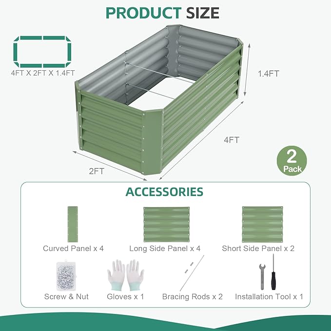 Galvanized Raised Garden Bed - 4x2x1.4ft (2Packs) Metal Garden Planter Box Outdoor | Steel Raised Bed Kit with Bracing Rods, Gloves for Gardening Vegetables Fruits and Flowers BIRDSINYARD