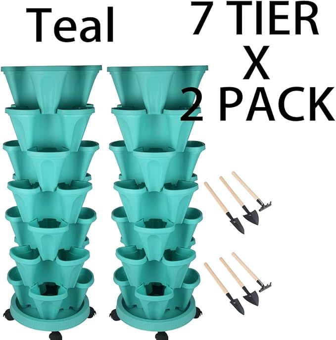 GameXcel Vertical Planter 7 Tier Stackable Planters Garden Planters Strawberry Herb Flower and Vegetable Planter Indoor Outdoor Gardening Pots with Removable Wheels and Tools-Teal 2 Pack GameXcel