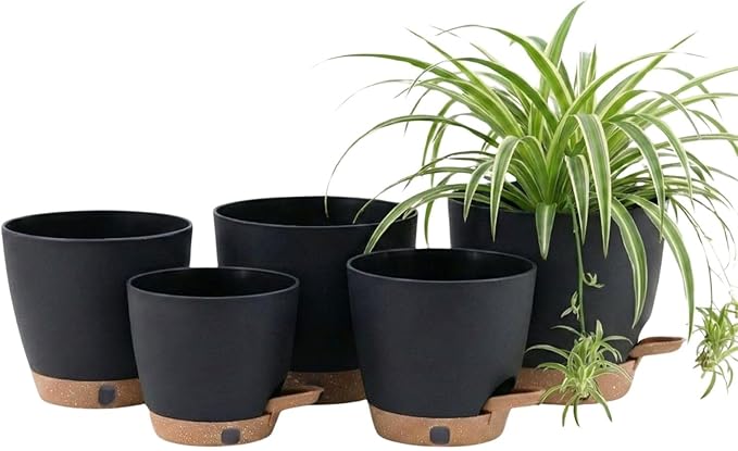 montresor 5-Pack Self-Watering Plastic Plant Pots 5/5.5/6/6.5/7 Inch– Black Indoor Flower Pots with Wick & Water Tray for Herbs, Succulents, Seedlings, Small Plants Montresor
