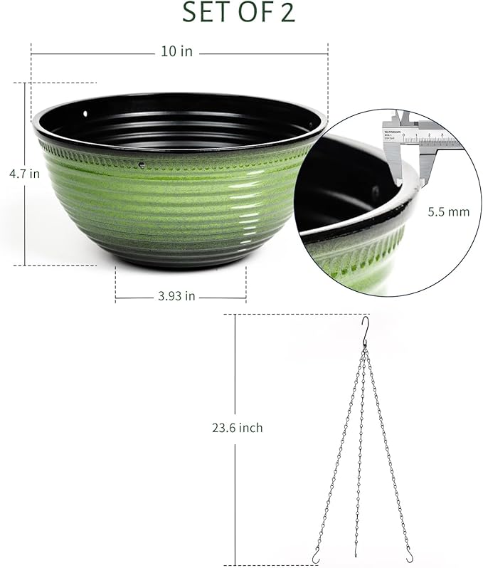 10 Inch Hanging Planter, 2 Pack Hanging Planters for Indoor Outdoor Plants Self Watering Hanging Pots with Drainage Holes for Garden Home (Green) Vanslogreen