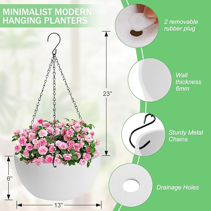 13 inch Hanging Planters for Indoor Plants, 2 Pack Planters for Outdoor Plants with Drainage Holes and Chain, Round Plastic Hanging Baskets, Hanging Flower Pots for Balcony Garden Decor-White HIGSEEU