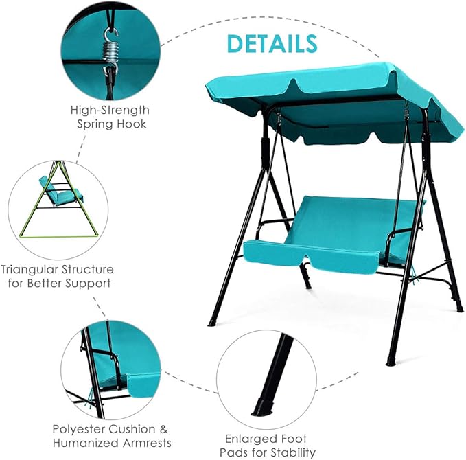 Tangkula 2 Person Porch Swing, Outdoor Swing with Removable Cushions, Solid Steel Structure, Patio Swing with Adjustable Canopy for Porch, Backyard, Garden, Balcony Turquoise TANGKULA