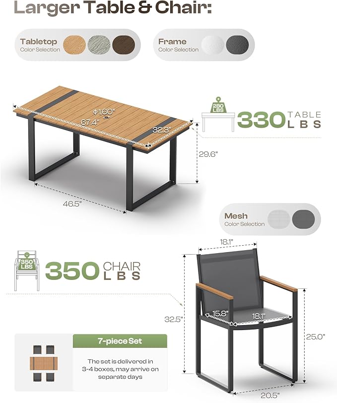 Outdoor Table and Chairs of 4, Patio Dining Sets, HDPS + Aluminum Outdoor Furniture Set with Umbrella Hole, Patio Dining Table Set (Gray-Teak) Oasbira