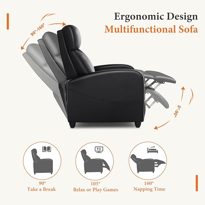 Sweetcrispy Recliner Chair PU Leather Recliner Sofa No Massage, Home Theater Seating with Lumbar Support, Adjustable Push Back Overstuffed High-Density Sponge Reclining for Living Room, Black Sweetcrispy