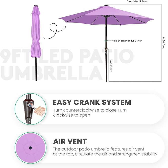 JEAREY 9FT Outdoor Patio Umbrella with Solar Lights, LED Lighted Pool Umbrella with Tilt and Crank, Outdoor Table Umbrellas for Deck, Yard & Market (Taro Purple) JEAREYOutdoorsCollection