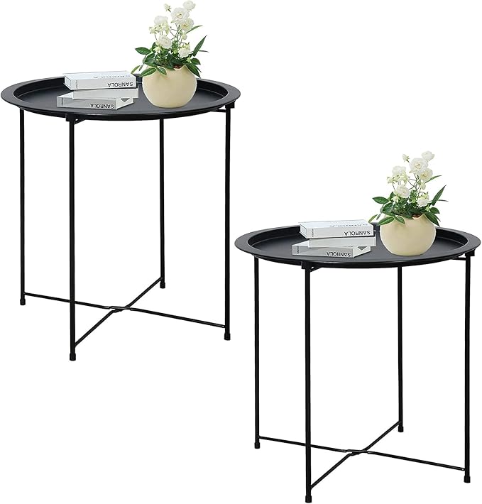 Garden 4 you End Table 2 PCS Metal Side Table Black Round Folding Tray Cyan Sofa Small Accent Fold-able Table, Round End Table Tray, Next to Sofa Table, Snack Table for Living Room and Bed Room Garden4you