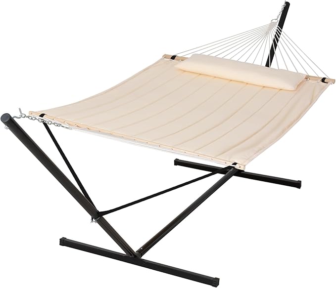 SUNCREAT Double Outdoor Hammock with 15 ft Stand, Standing Patio Hammocks for Outside, Beige SUNCREAT