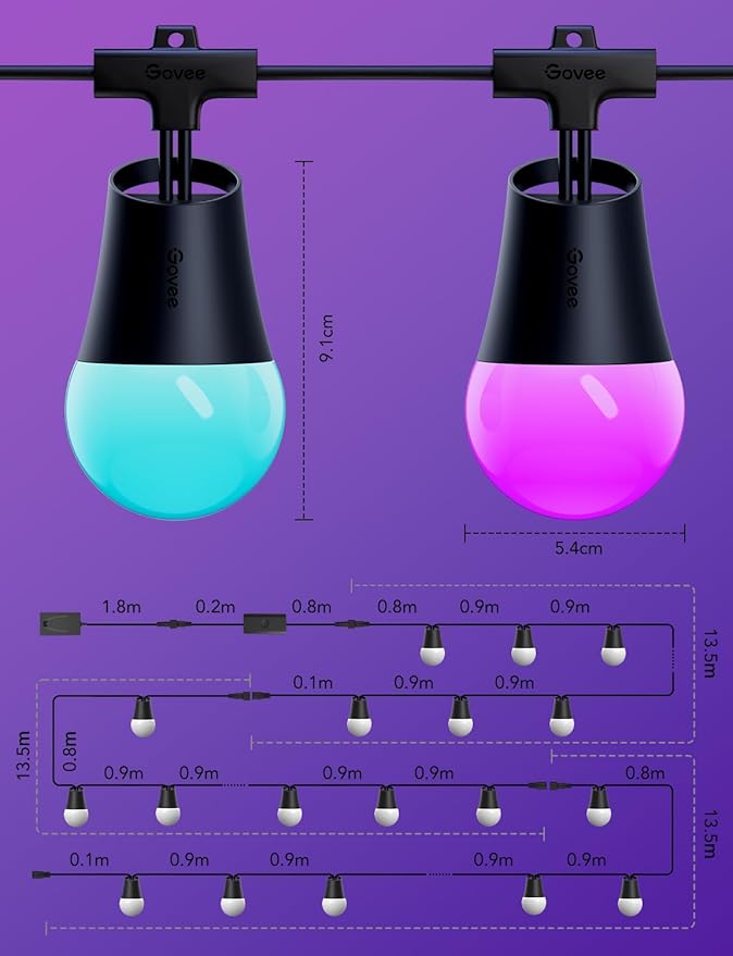 Govee Smart Outdoor String Lights 2, 144ft Outdoor Lights with Dimmable Warm White LED Bulbs, 47 Scene Modes for Patio, Backyard, Balcony, IP65 Waterproof, Works with Alexa, App Control Govee