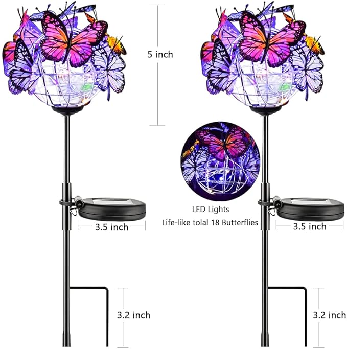 Outdoor Solar Lights 2 Pack, Solar Garden Lights with 18 Butterflies Decoration Outdoor Lamps, Waterproof Butterfly Flower Lights for Patio Yard Lawn Garden Decor, Gifts for Mom Women Weepong