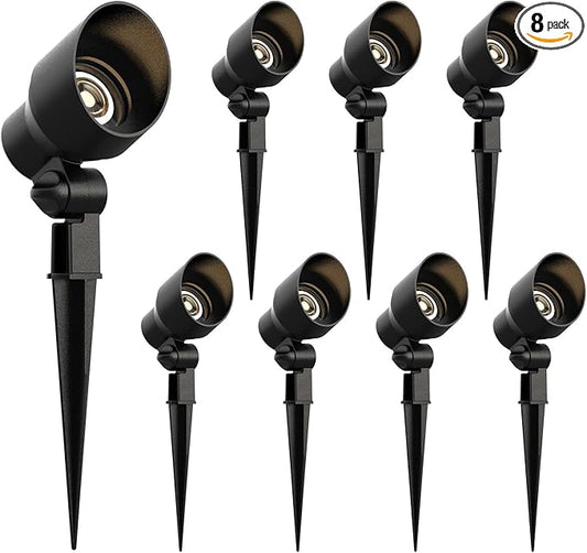 Malibu 8 Pack Low Voltage Spotlights Outdoor Landscape Lighting 20W 145 Lumens Halogen Flood Light 2800K with Plastic Spike and Connector for Garden Pathway Driveway 8301-9604-08 Rootora