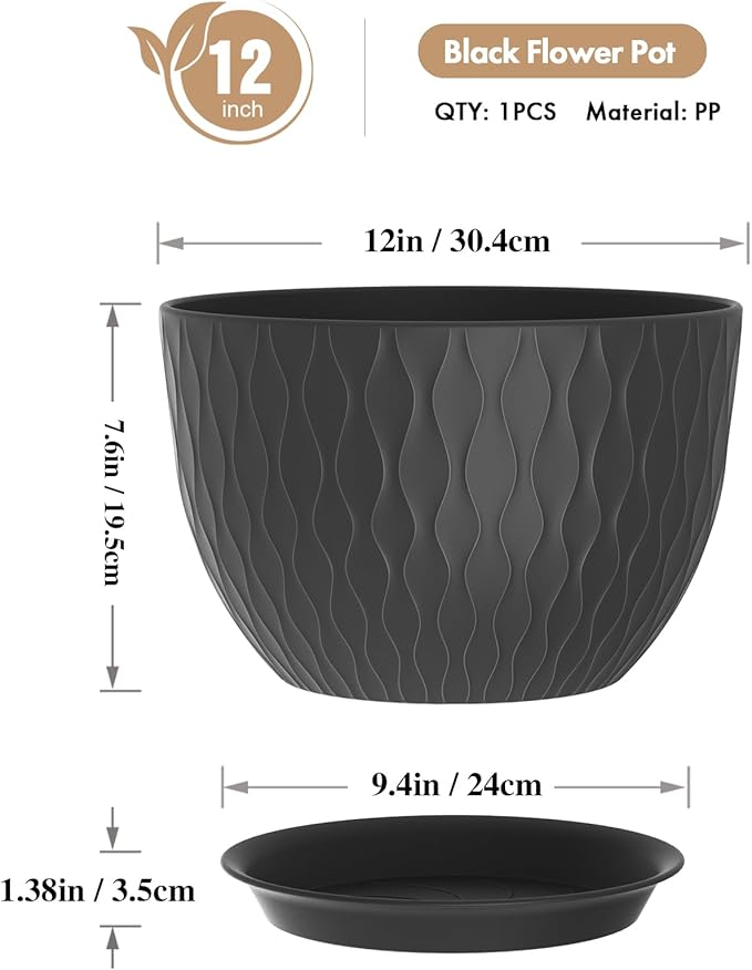 12 Inch Large Plant Pots for Indoor or Outdoor Plants, Wide Water Ripples Flower Pots with Drainage Holes & Saucer, Plastic Planters Set for Garden & Home Decor (Black) WSMKSZ