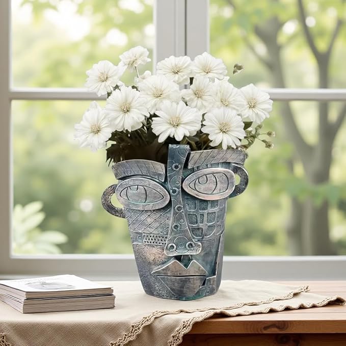 Picasso Abstract Face Flower Pot,Unique Resin Crafted Planter with Drainage Holes,Interesting Colorful Planter with Human face,for Indoor and Outdoor Botanical Home décor (Bronze) Rootora