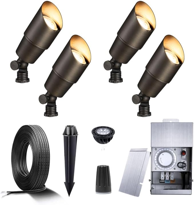 Gardenreet Brass Landscape Lighting Kit (4-Pack LED Spotlights) with Low Voltage Transformer 75W and Mechanical Timer and 100FT Cable and 20Pack Wire Connectors for Outdoor Garden Patio Gardenreet