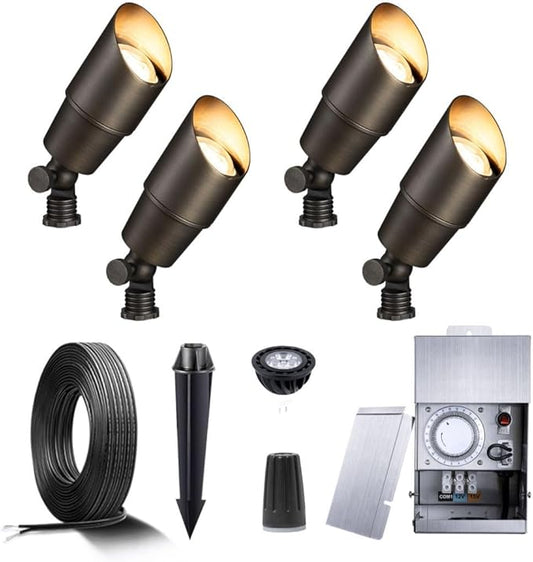 Gardenreet Brass Landscape Lighting Kit (4-Pack LED Spotlights) with Low Voltage Transformer 75W and Mechanical Timer and 100FT Cable and 20Pack Wire Connectors for Outdoor Garden Patio Gardenreet
