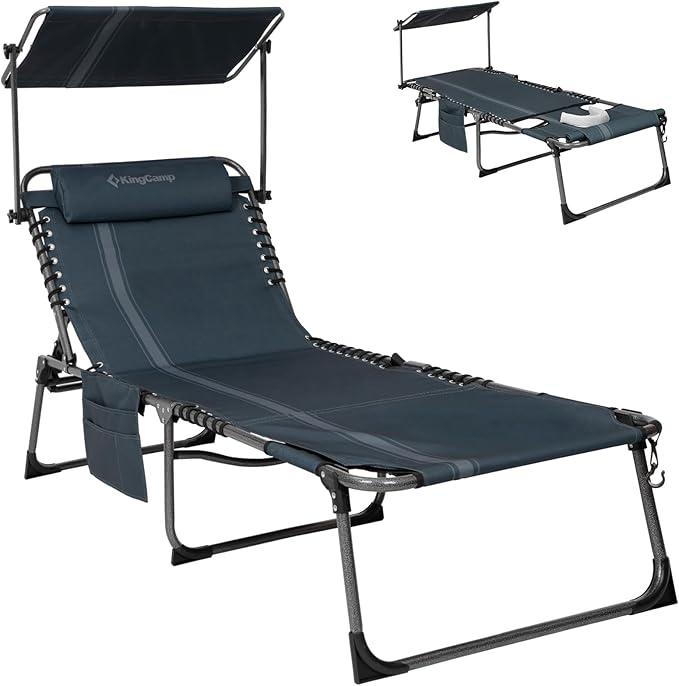 KingCamp Tanning Chair with Face Hole, Lounge Chairs Outdoor Folding Comfy Adjustable 5-Position Foldable Chaise Chaser with Canopy Shade for Outside Beach Patio, Blue/Grey KingCamp