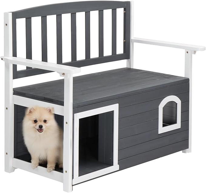 VINGLI Outdoor Storage Bench with Built-in Dog House, 2-in-1 Outdoor Waterproof Patio Bench with Pet Kennel for Patio Backyard Porch (Gray) VINGLI