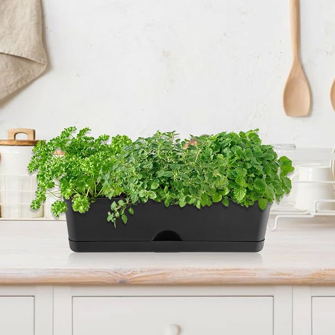 6 Pack Rectangle Planter 16x4.4 Inch Window Boxes Planters Rectangular Large Window Sill Planters Indoor Self Watering Plant Pots with Drainage Holes and Saucers Succulent Herb Flower Pots, Black KvyusFlourish
