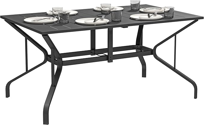 Outsunny Rectangle Outdoor Dining Table for 6 People, Steel Rectangular Patio Table with Umbrella Hole, Steel Frame for Garden, Balcony, Black Outsunny