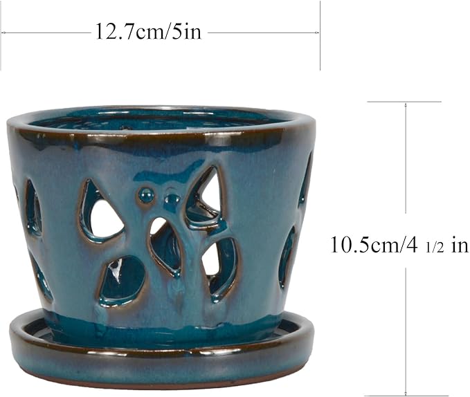 W&W Orchid Pot with Holes and Saucer for Repotting, Teal, 5 Inch WWHomeDecor
