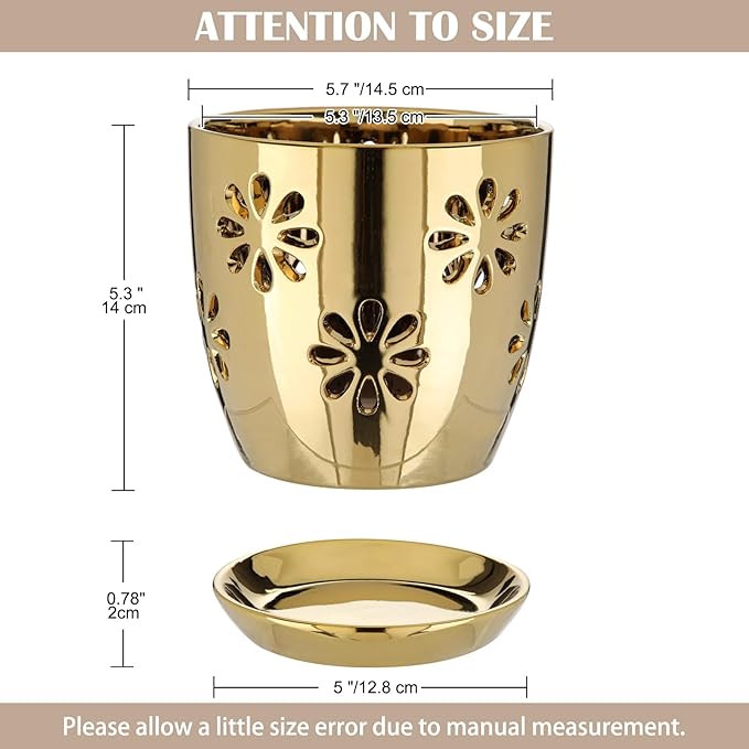 Oairse 6 inch Orchid Pots with Holes, Gold Ceramic Orchid Pot for Repotting Small Indoor Plant Pots with Drainage Holes and Saucers Decorative Flower Planter for Orchids, Indoor Plant Oairse