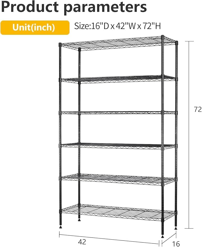 BestOffice | 6-Tier Wire Storage Shelves | 42x16x72 | Black | with Adjustable Racks | Heavy-Duty Metal Shelf, Holds Upto 1500 lbs | No-Tool Assembly | Ideal for Home & Garage Shelving BestOffice