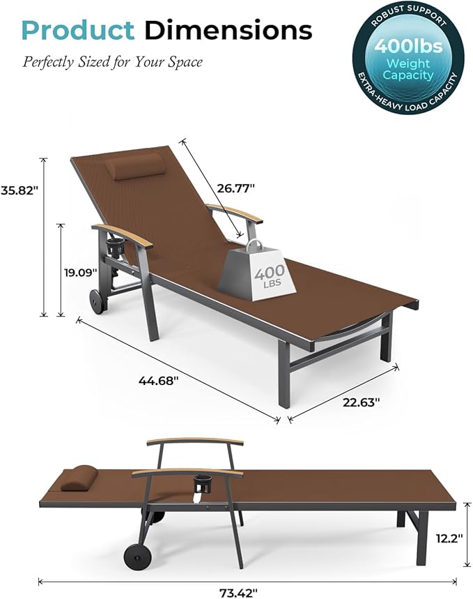 Ciokea Outdoor Lounge Chair with Pillow Set of 2, 5-Position Aluminum Chaise Lounge with Wheels & Armrests, 400 lbs Heavy Duty Patio Pool Chair for Backyard, Deck, Beach & Poolside, Brown CIOKEA