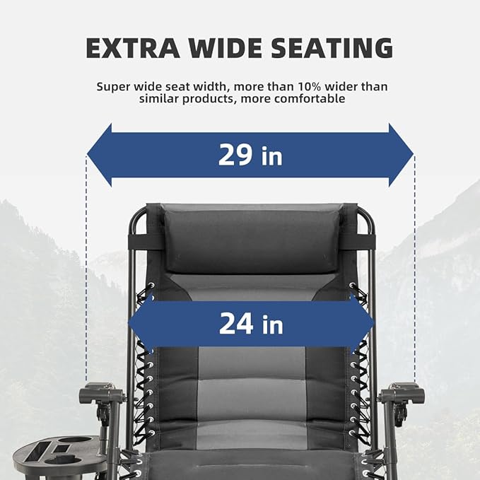 Zero Gravity Chair Oversized Padded Recliner with Adjustable Headrest & Cup Holder - XL 600D Oxford Folding Lounge Chair for Outdoor Camping, Patio, Poolside (Black & Gray) Rootora