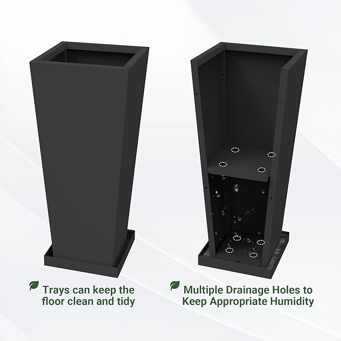 Tall Outdoor Planters Set of 2, 26 inch Tall Planters for Outdoor and Indoor, Metal Tapered Pots with Drainage Holes & Insert Shelves & Trays for Porch, Garden, Patio, Yard Toriexon